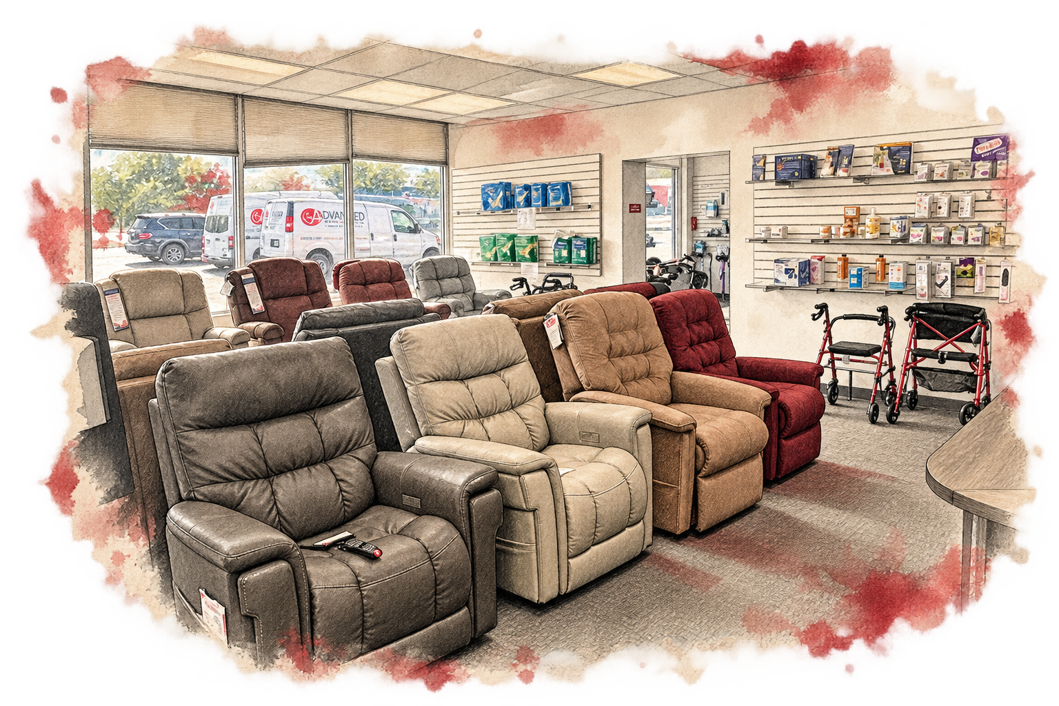 Hand-drawn illustration of Advanced Home Medical equipment showroom