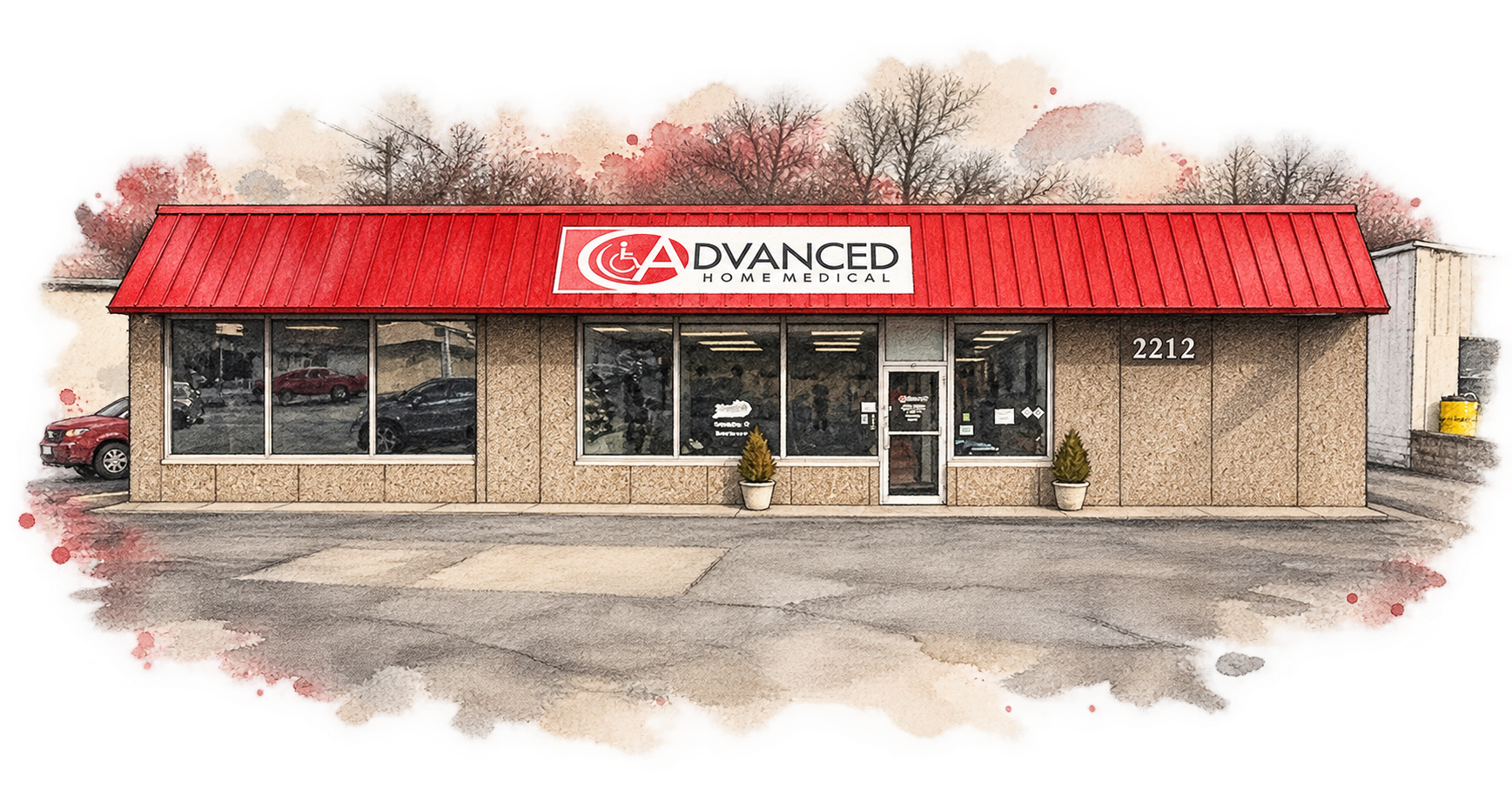 Hand-drawn illustration of Advanced Home Medical storefront
